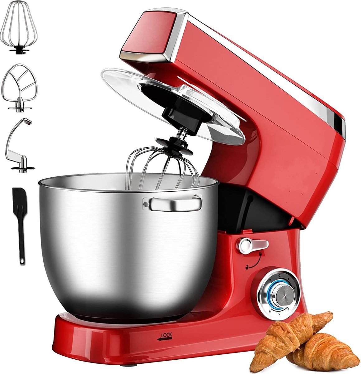 Planetary Mixer With Whisk, Dough Hook, Mixing Hook, Pan Scraper, With Splash Guard & Stainless Steel Mixing Bowl 7.5 L- 2100W - Red - Royalty Line