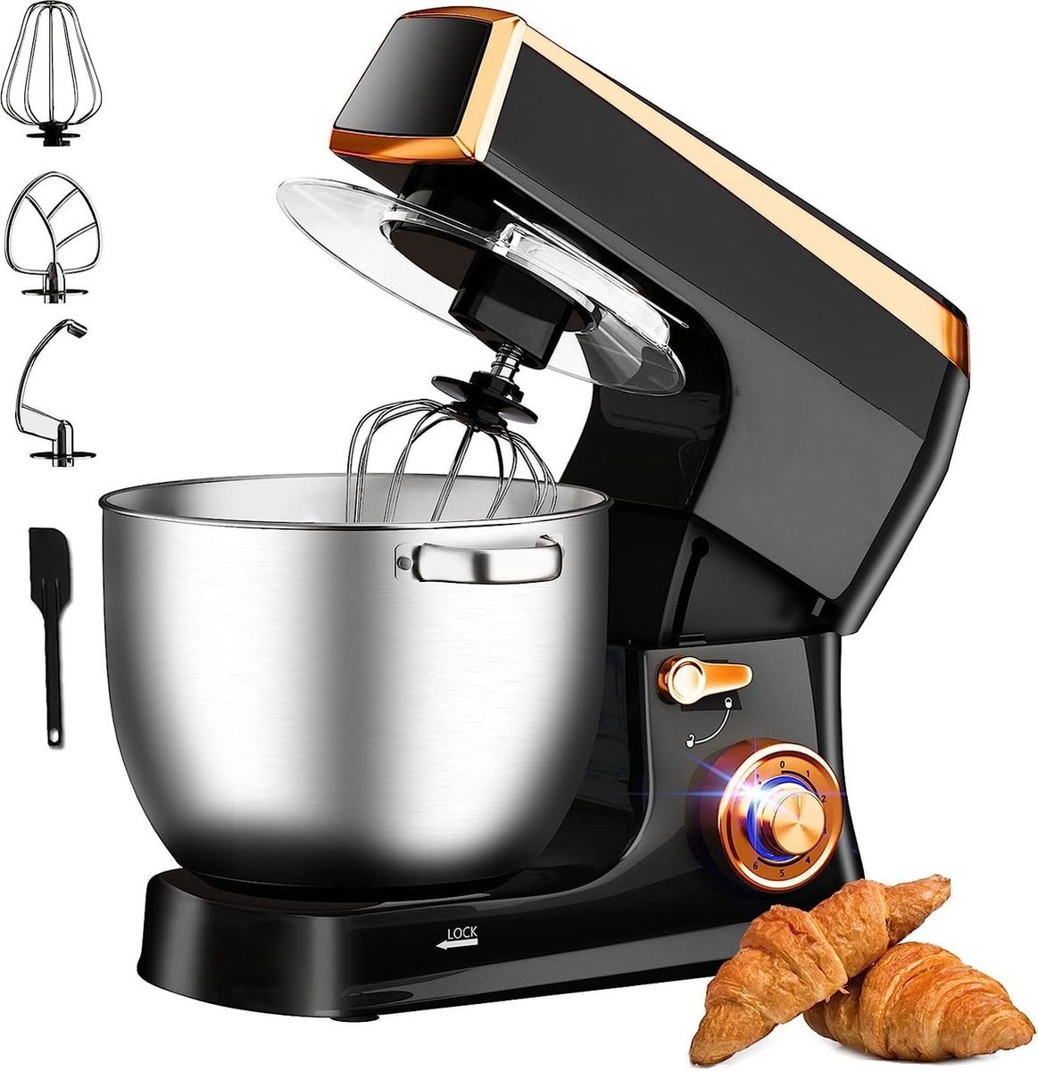Planetary Mixer With Whisk, Dough Hook, Mixing Hook, Pan Scraper, With Splash Guard & Stainless Steel Mixing Bowl 7.5 L- 2100W - Black - Royalty Line