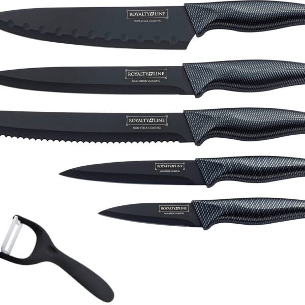 Knife Set - Non-stick coating - Non-slip handles - 6pcs - Black - Royalty Line