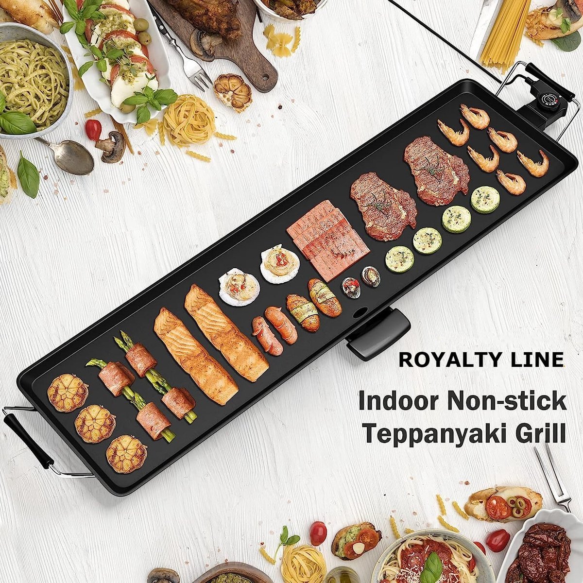 Teppanyaki Griddle XXL - Table Grill - Plancha for 8 Persons -  Non-stick Coating - 88x23 cm - 1800W - Black - Royalty Line