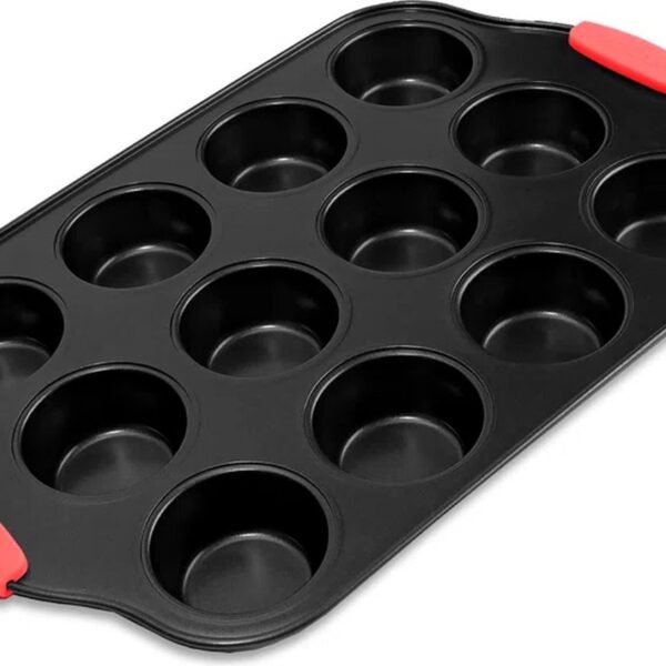 Cupcake / Muffin Tray with 12 Cupcake Molds - Non-stick Coating - With Silicone Handle - Black - Royalty Line