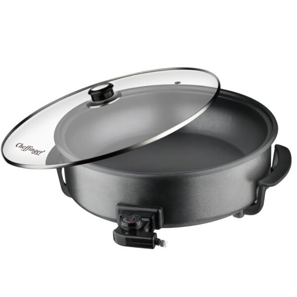 Electric Party Pan with Glass Lid and Non-Stick Coating - Adjustable Heat up to 240degree - 1500W - Ø42cm - Black - Cheffinger