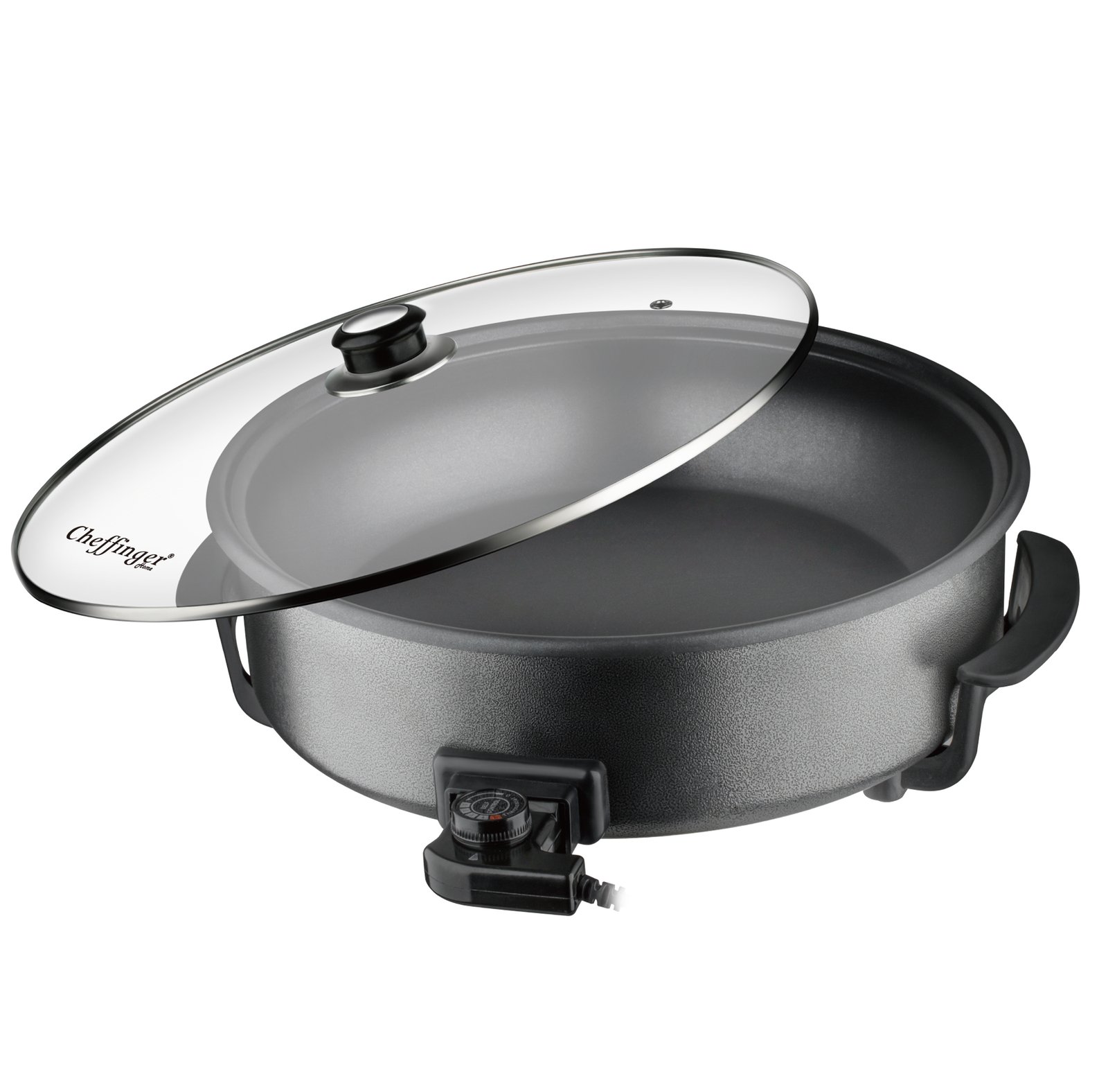 Electric Party Pan with Glass Lid and Non-Stick Coating - Adjustable Heat up to 240degree - 1500W - Ø42cm - Black - Cheffinger