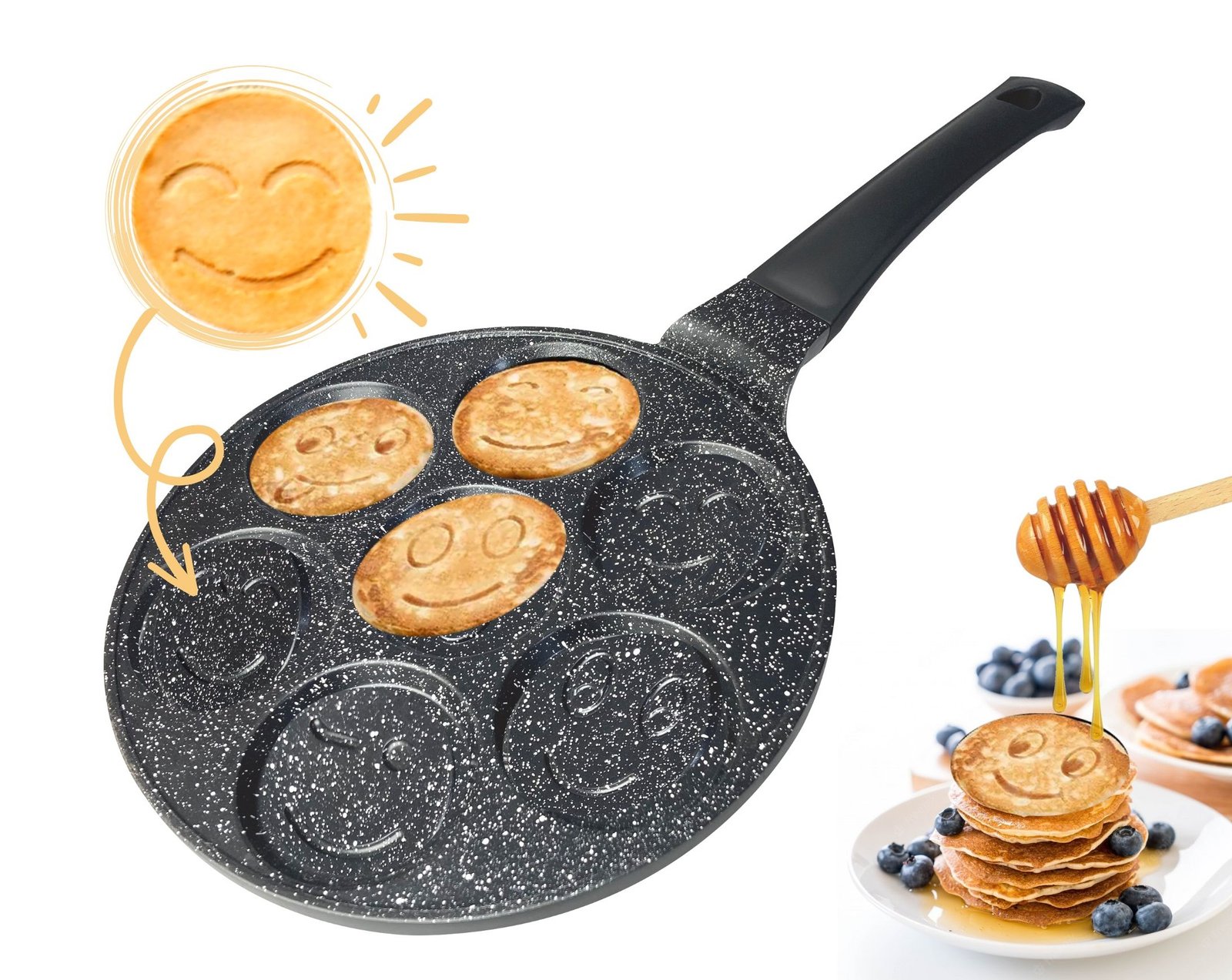 pancake pan smiley emoji - 7 Hole - Marble Coating - Cheffinger