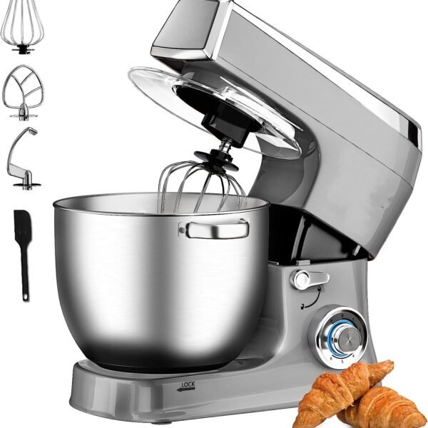 Planetary Mixer With Whisk, Dough Hook, Mixing Hook, Pan Scraper, With Splash Guard & Stainless Steel Mixing Bowl 7.5 L- 2100W - Silver - Royalty Line