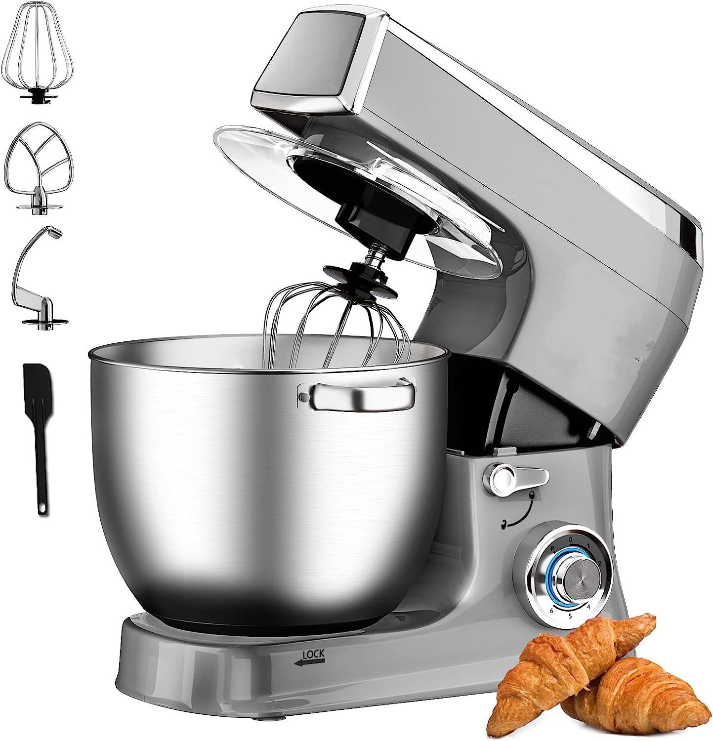 Planetary Mixer With Whisk, Dough Hook, Mixing Hook, Pan Scraper, With Splash Guard & Stainless Steel Mixing Bowl 7.5 L- 2100W - Silver - Royalty Line